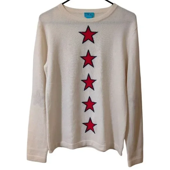 Two Bees Cashmere Star Stripe Intarsia Crewneck Lightweight Sweater Ivory & Red